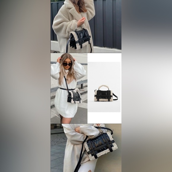 Zara Sherpa Fleece Leather Crossbody Sactchel with Faux Shearling - Picture 2 of 14